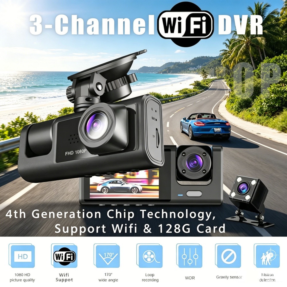 Dash Cam 3 Channel 1080P - ダッシュカム 1080P フルHD WiFi フロント/キャビン/リア 2/3チャンネル