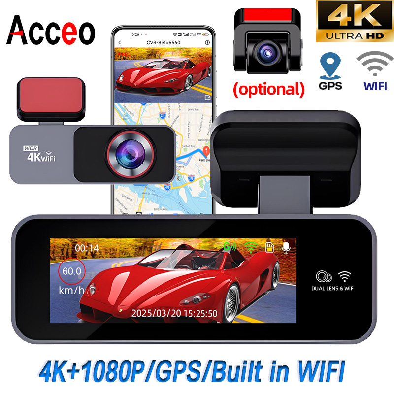 Dual Dash Cam With Gps Wifi - Acceo 4KウルトラHDドライブレコーダー内蔵WiFi搭載 車載カメラ DVRレコーダー 1080Pリアカメラ対応 デュアルレンズ