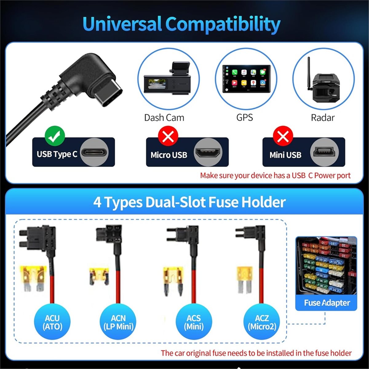 Dash Cam Hardwire Kit - SWXFユニバーサルUSB-Cドライブレコーダー用ハードワイヤーキット（LED電圧計と調整可能な低電圧保護機能付き、24時間監視）