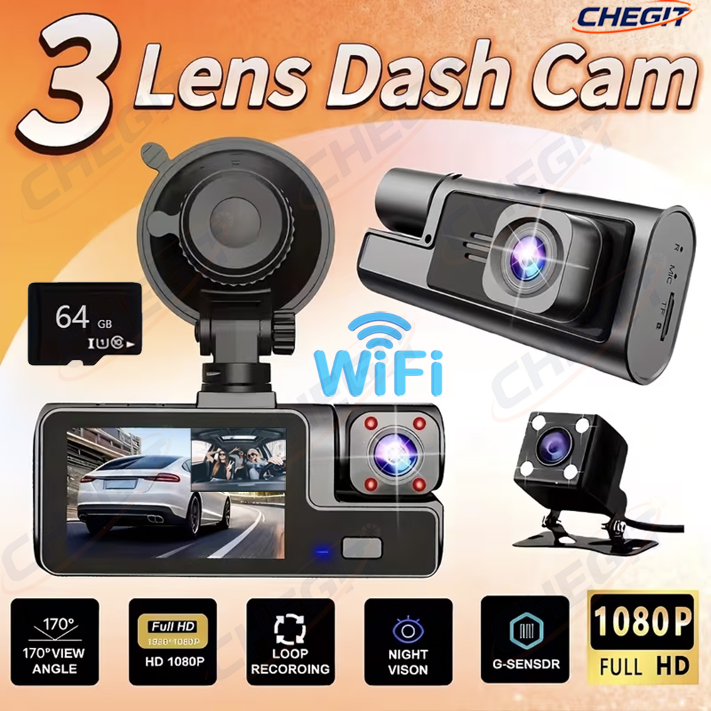 Dash Cam 3 Channel 1080P - 新型3ショットWIFI車載DVR 3チャンネルドライブレコーダー 車用 1080P HDビデオレコーダー 車載DVR