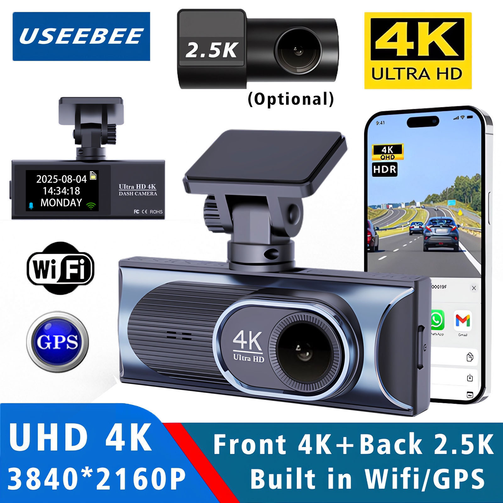 Dash Cam 4K Sony Starvis - ウルトラHD 4K 3840*2160Pドライブレコーダー 24時間駐車監視 車載DVR オプションで2.5Kナイトビジョン