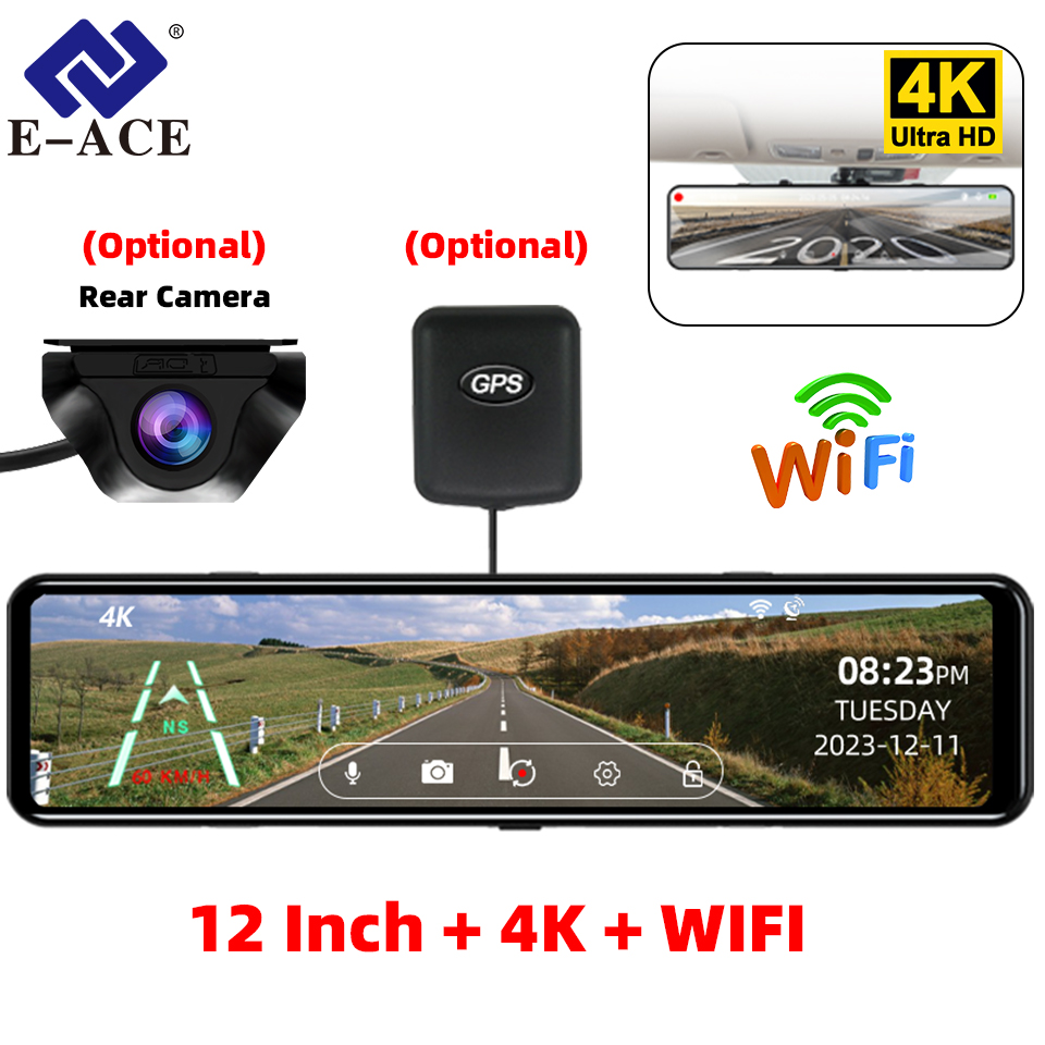 Dash Cam Rear View Mirror 12 Inch - 4Kリアビューミラー型ドライブレコーダー GPS・WiFi対応 12インチタッチスクリーン HDナイトビジョン オプションでデュアルレンズ搭載 ドライブレコーダー