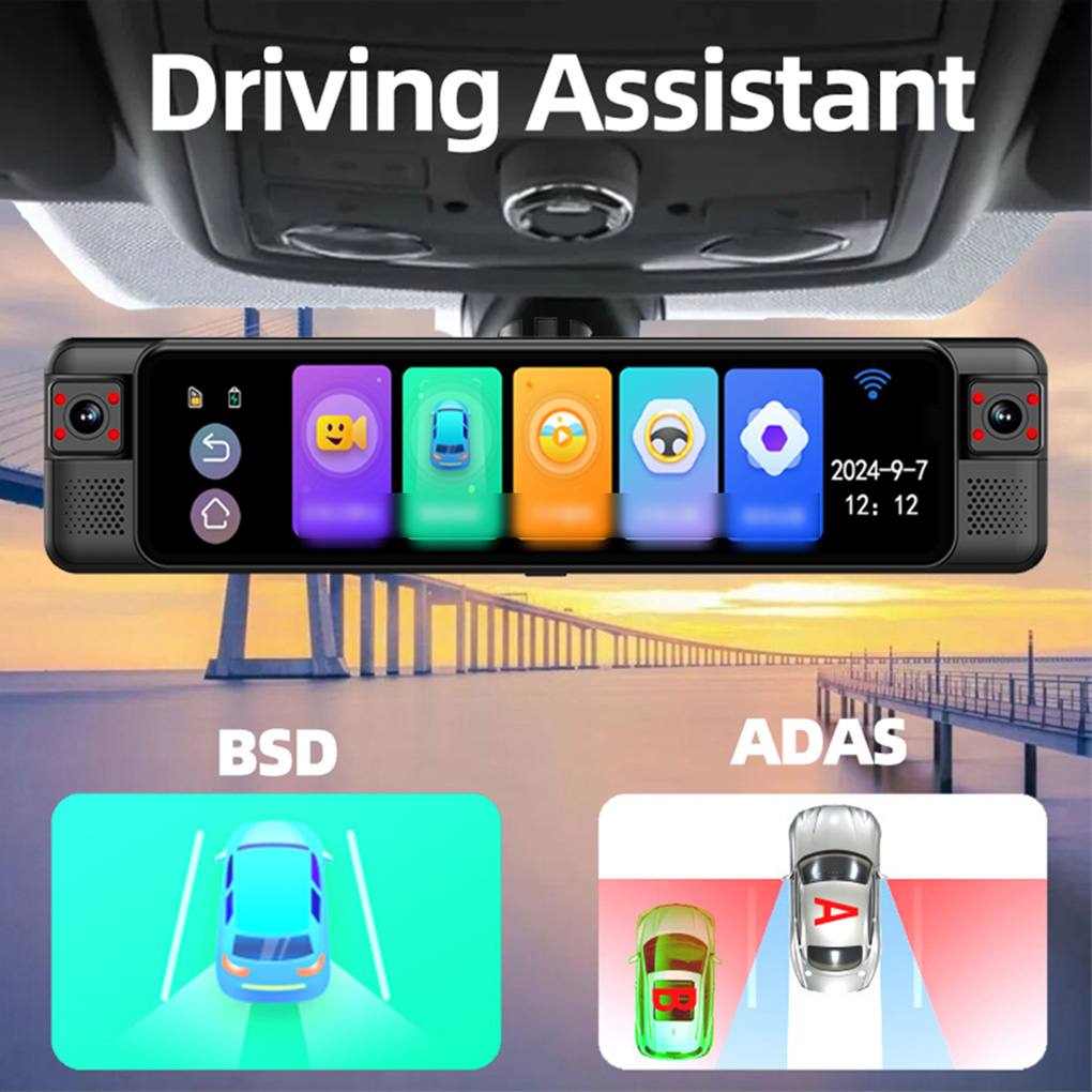 Dash Cam Rear View Mirror 12 Inch - 12インチタッチカーDVR 4チャンネル360 ° ドライブレコーダー ADAS BSD
