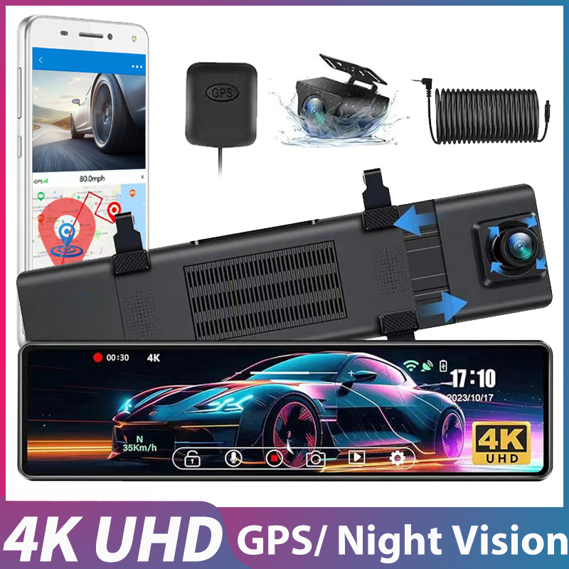 Dash Cam Rear View Mirror 12 Inch - 12インチタッチ4KミラーダッシュカムGPS IMX589フロント＆リアデュアルカメラWiFiアプリ制御WDRナイトビジョン駐車監視カメラDVR