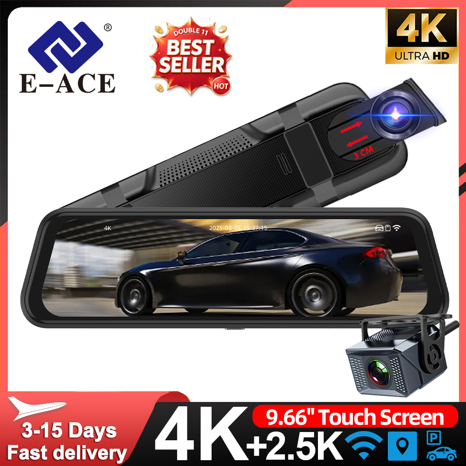 Dash Cam 4K Sony Starvis - E-ACE 4K ドライブレコーダー 9.66インチ ミラーデザイン タッチスクリーン