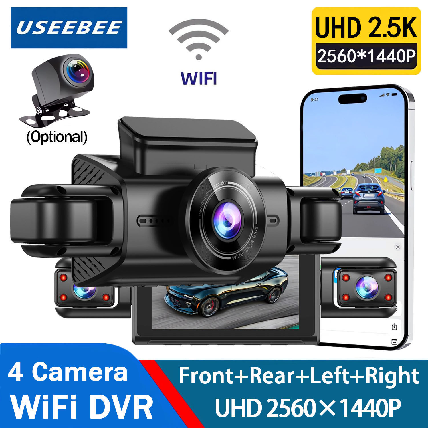 Dash Cam 360 Degree Panoramic - 360度4カメラ搭載ドライブレコーダー 車載カメラ DVR WiFi 2.5Kビデオレコーダー 4チャンネル