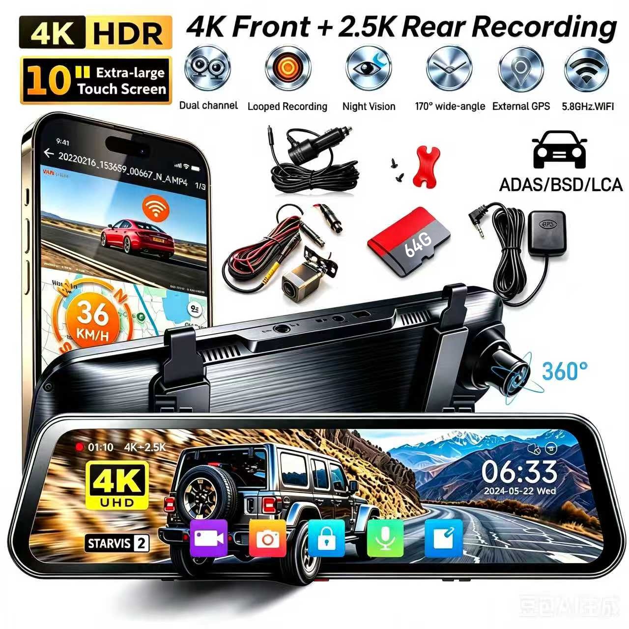 Dash Cam Mirror Backup Camera - X10 PRO ミラーダッシュカム、8MP STARVIS IMX678搭載、10インチリアビューミラーカメラ、フロント4K、リア2.5K、64GBカード付属、ADAS、BSD、LCA、5.8GHz WiFi、ループ録画、ナイトビジョン、Gセンサー、外部GPS搭載