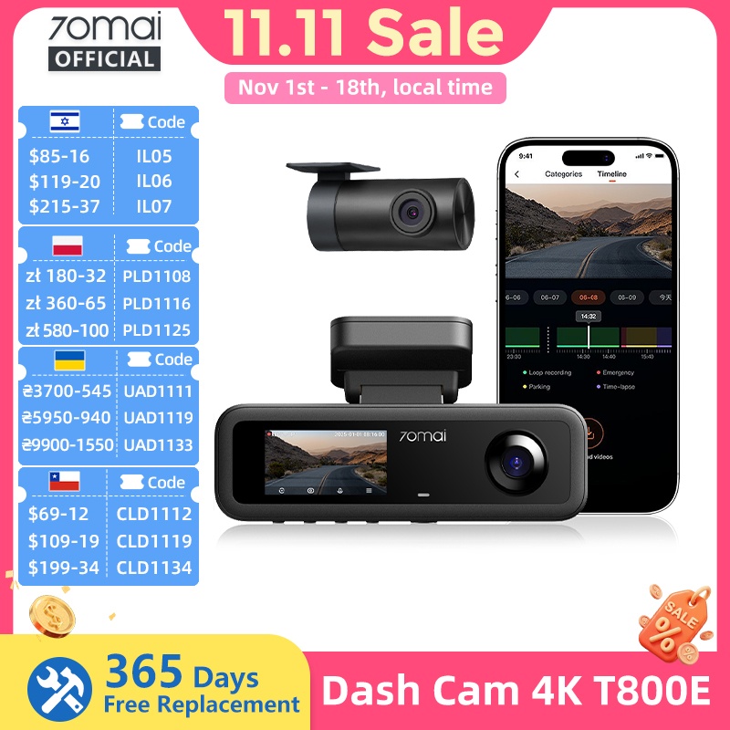 Dash Cam Front And Rear 4K - 70mai 4K T800E 3チャンネル ドライブレコーダー（フロント、リア、インテリア録画対応）、音声操作、24時間駐車監視、スーパーキャパシタ、GPS、4K対応、70mai T800E