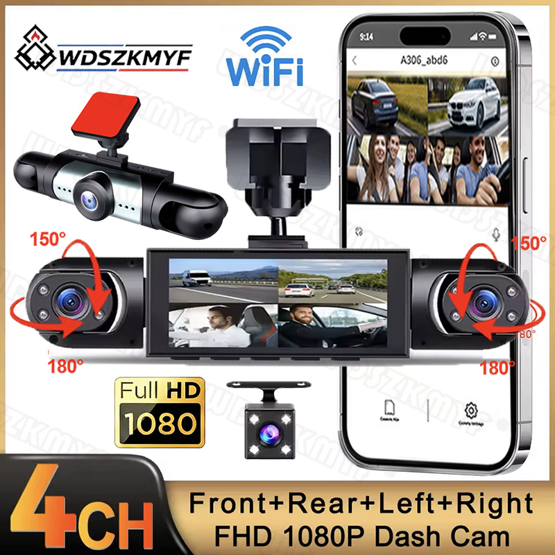 Dash Cam 360 Degree Panoramic - 4チャンネル360度車載DVR、1080Pビデオレコーダー、Wi-Fi対応、4つのレンズ（前、右、左、後方）を搭載したドライブレコーダー、24時間駐車監視機能付き。