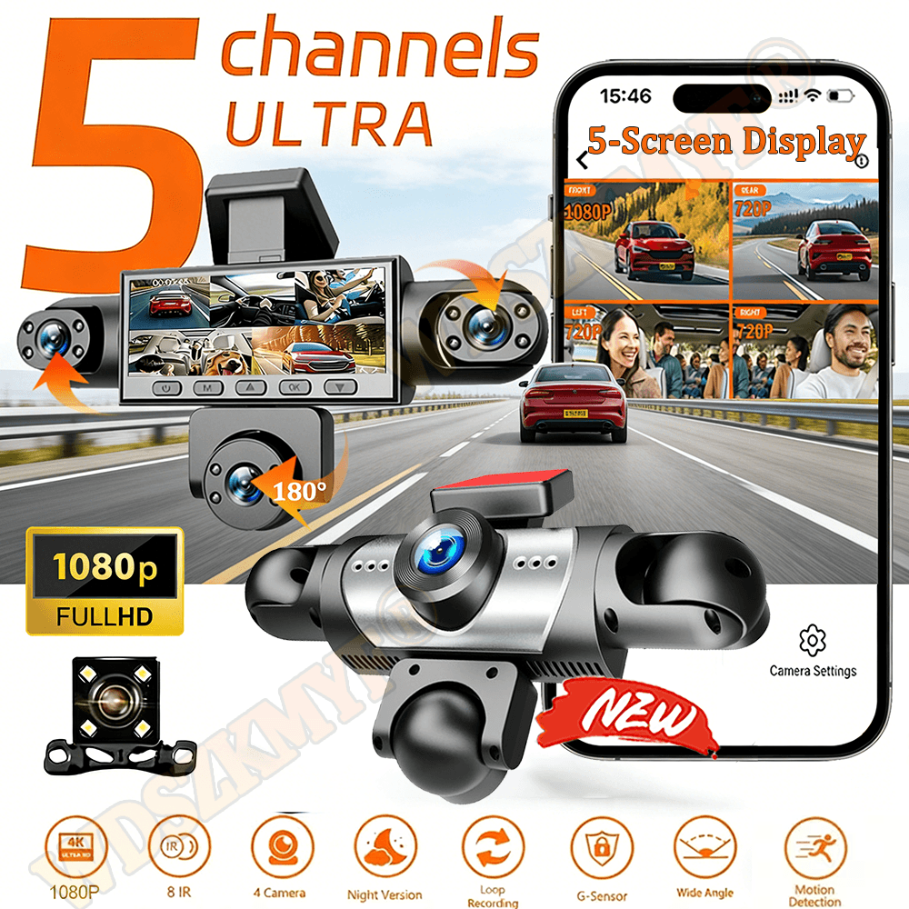 Dash Cam 360 Degree Panoramic - 5CH 360度車載DVR 1080Pビデオレコーダー WIFIドライブレコーダー 3/5レンズ 前後左右内側リアビューカメラ