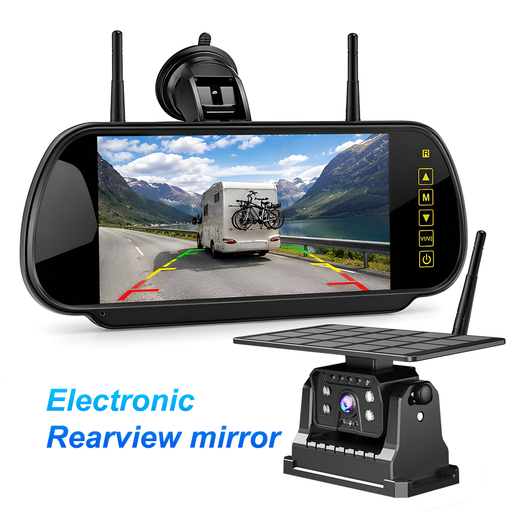 Dash Cam Mirror Backup Camera - ワイヤレスソーラーバックアップカメラシステム 7インチリアビューミラーモニター 1080P マグネティックナイトビジョン ダッシュカム DVR