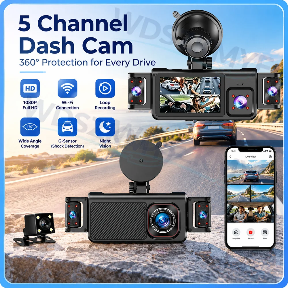 Dash Cam 360 Degree Panoramic - 5カメラ360度車載DVR、1080Pビデオレコーダー、4レンズ/5レンズ搭載、フロント、右、左、リアビューカメラ、24時間駐車監視機能付き、ギフトに最適。