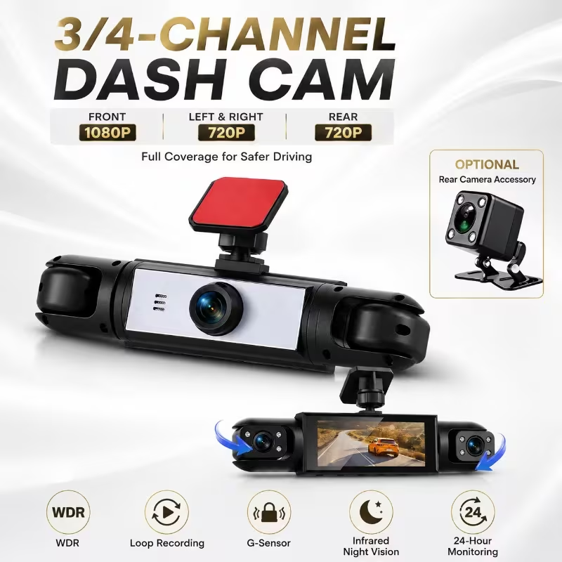 Dash Cam 3 Channel 1080P - 3/4チャンネル ドライブレコーダー、1080P 前面録画、720P 後面録画、170 ° 広角、2インチ画面、ナイトビジョンループ録画対応カーDVR