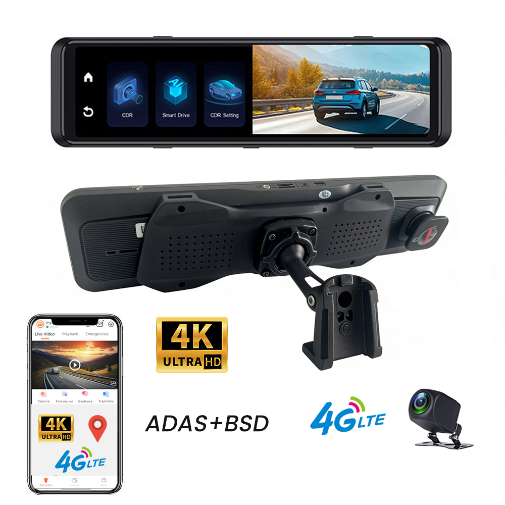 Dash Cam Mirror Backup Camera - 4K対応ドライブレコーダー、4G LTE車載カメラ、11.26インチの車載DVR、GPS、Wi-Fi、ADAS+BSD機能を搭載した後方視界ミラー、ビデオ録画機能、車両管理モニター。