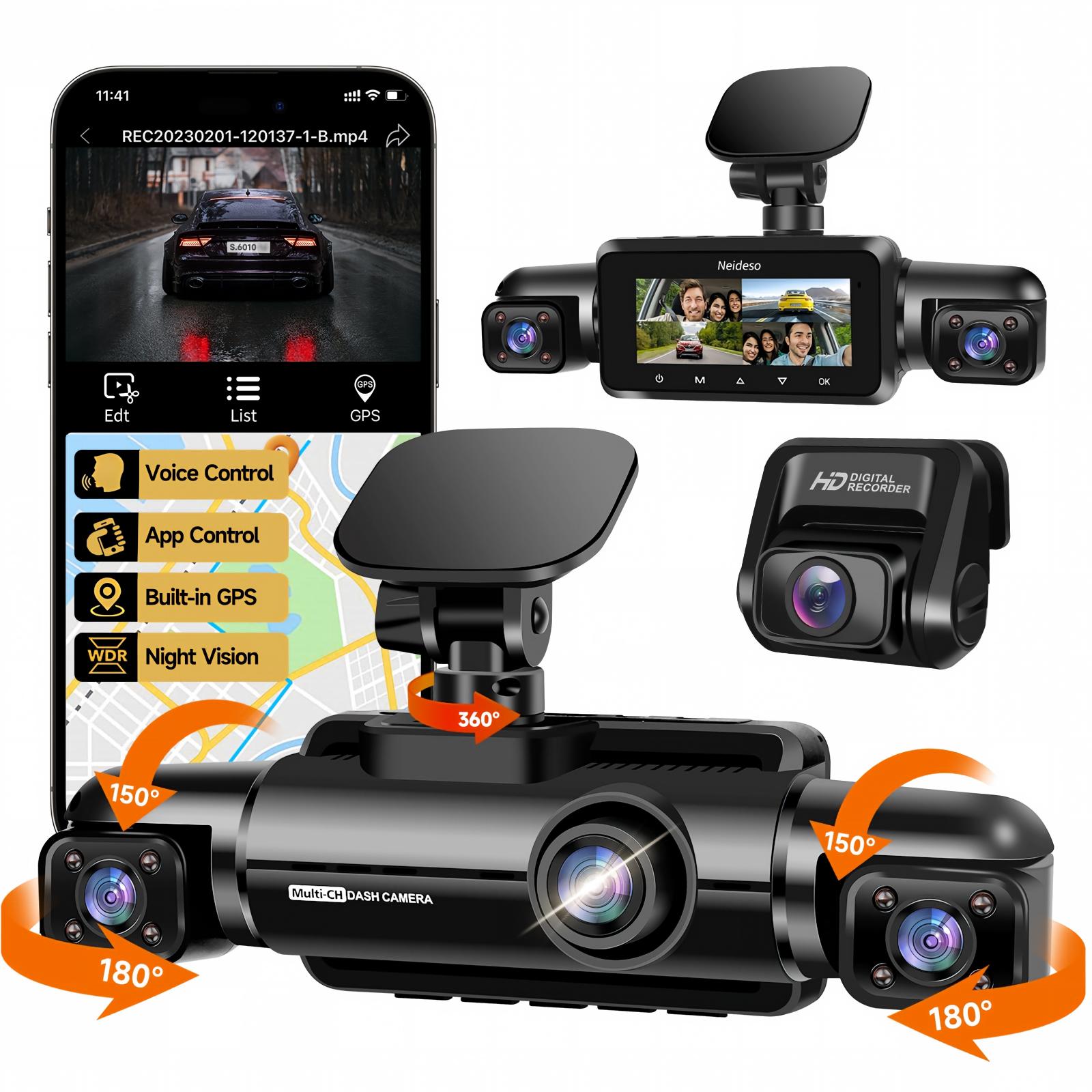 Dash Cam 3 Channel 1080P - HUPEJOS V60-4CH 4K+1080P ダッシュカム、スーパーナイトビジョン、音声制御、内蔵5GHz WiFi &