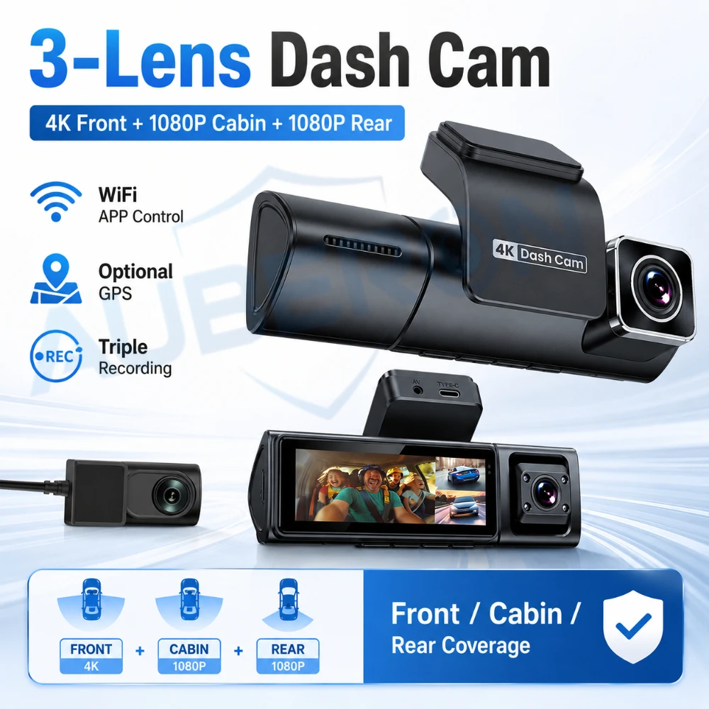Dash Cam 3 Channel 1080P - 3チャンネルドライブレコーダー 4K 前部/キャビン/後部 1080P WiFi アプリ対応