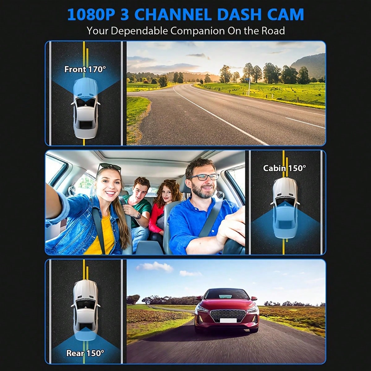 1080p、2/3チャンネル対応、HDナイトビジョン、駐車監 - Dash Cam 3 Channel 1080P のレビューと価格