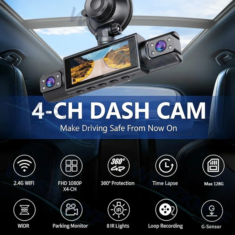 WiFi 4チャンネル ドライブレコーダー リアビューカメラ - Dash Cam 3 Channel 1080P のレビューと価格