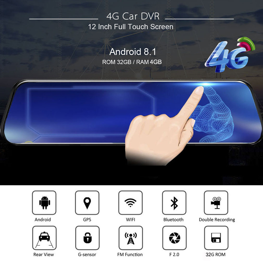 最新の12インチandroid 8.1スマート車dvrのバッ - Dash Cam Rear View Mirror 12 Inch のレビューと価格