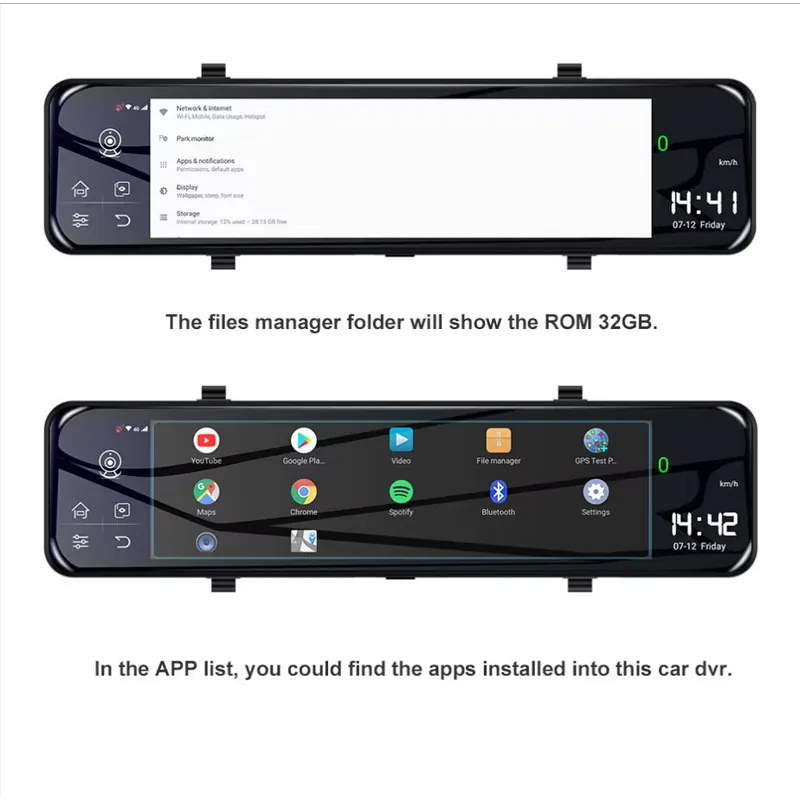 12インチ車載DVRリアビューミラー4G Android 8 - Dash Cam Rear View Mirror 12 Inch のレビューと価格
