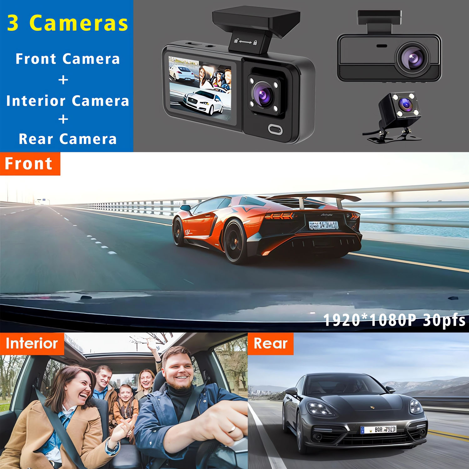 3チャンネルWIFI車載DVR HD 1080P キャビン車 - Dash Cam 3 Channel 1080P のレビューと価格