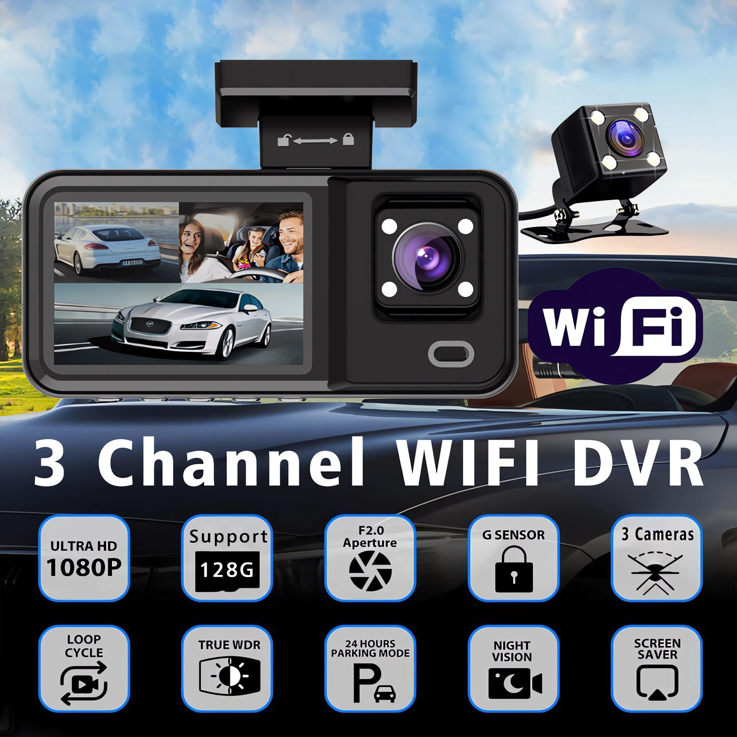 3チャンネルWIFI車載DVR HD 1080P キャビン車 - Dash Cam 3 Channel 1080P のレビューと価格