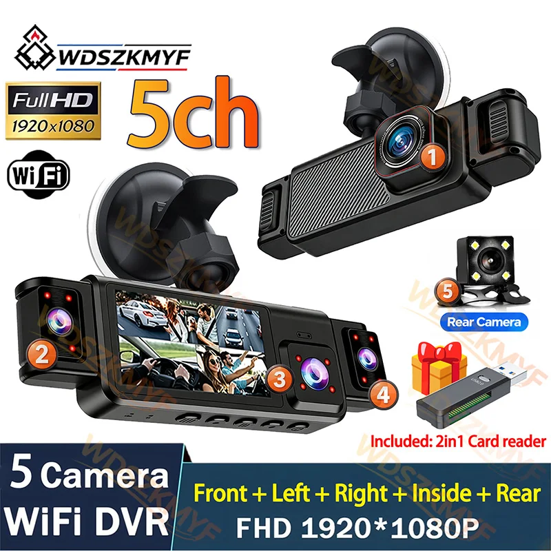 新360 °   カーDVR 5チャンネルWi-Fi対応ドラ - Dash Cam Mirror Backup Camera のレビューと価格