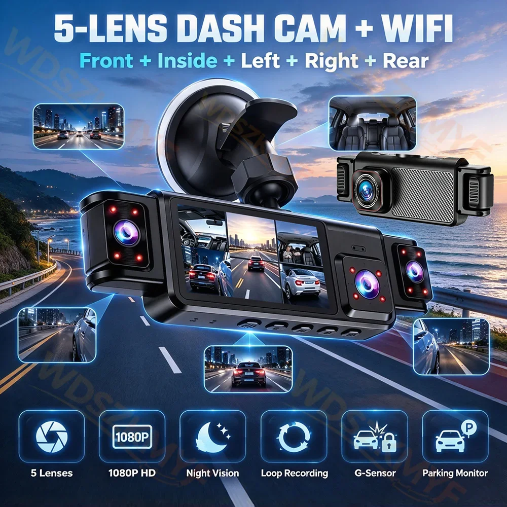 新360 °   カーDVR 5チャンネルWi-Fi対応ドラ - Dash Cam Mirror Backup Camera のレビューと価格