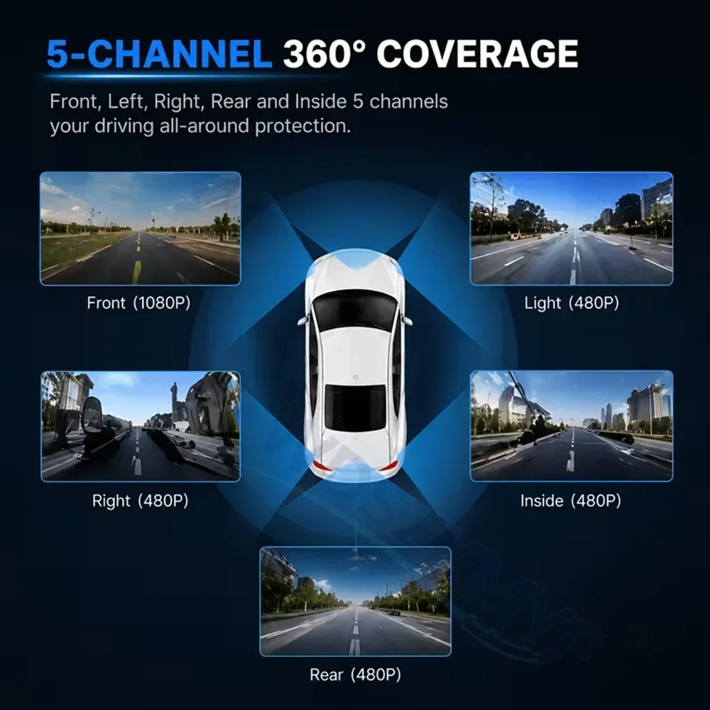 新360 °   カーDVR 5チャンネルWi-Fi対応ドラ - Dash Cam Mirror Backup Camera のレビューと価格
