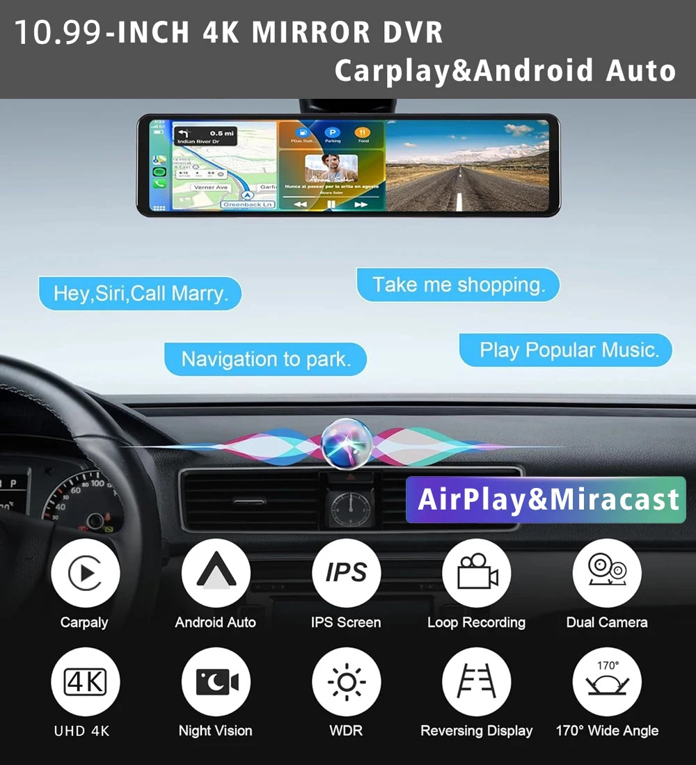 12インチ4K HDカープレイ対応車載リアビューミラー型ドラ - Dash Cam Rear View Mirror 12 Inch のレビューと価格