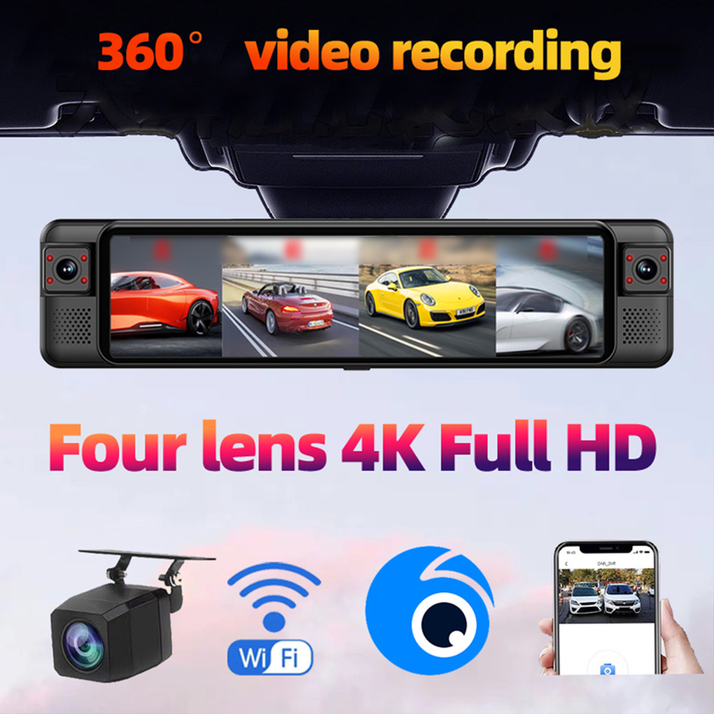 12インチタッチカーDVR 4チャンネル360 °   ドラ - Dash Cam Rear View Mirror 12 Inch のレビューと価格