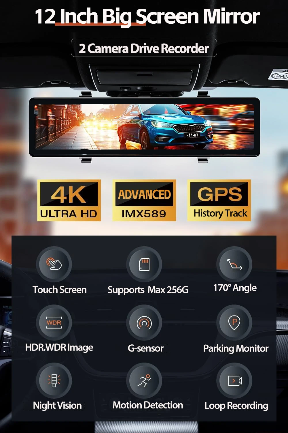 12インチタッチ4KミラーダッシュカムGPS IMX589フ - Dash Cam Rear View Mirror 12 Inch のレビューと価格