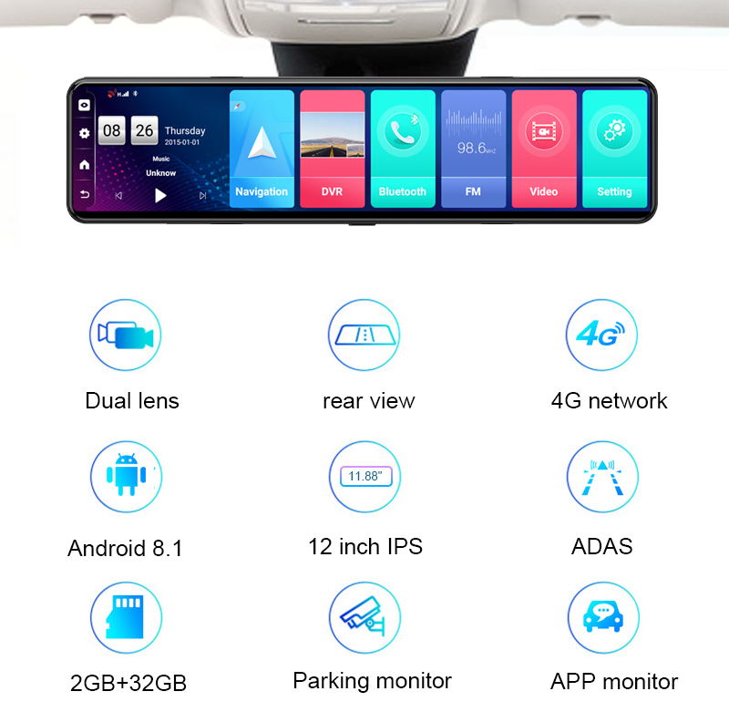 12インチ4GスマートドライブレコーダーAndroid 8. - Dash Cam Rear View Mirror 12 Inch のレビューと価格