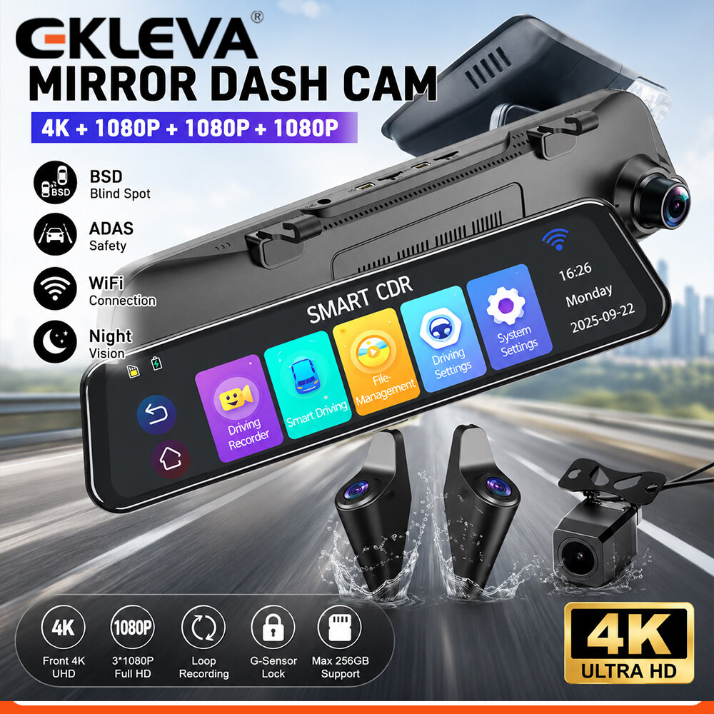 EKLEVA 12インチ 4KスーパーHDバックミラーダッシ - Dash Cam Rear View Mirror 12 Inch のレビューと価格