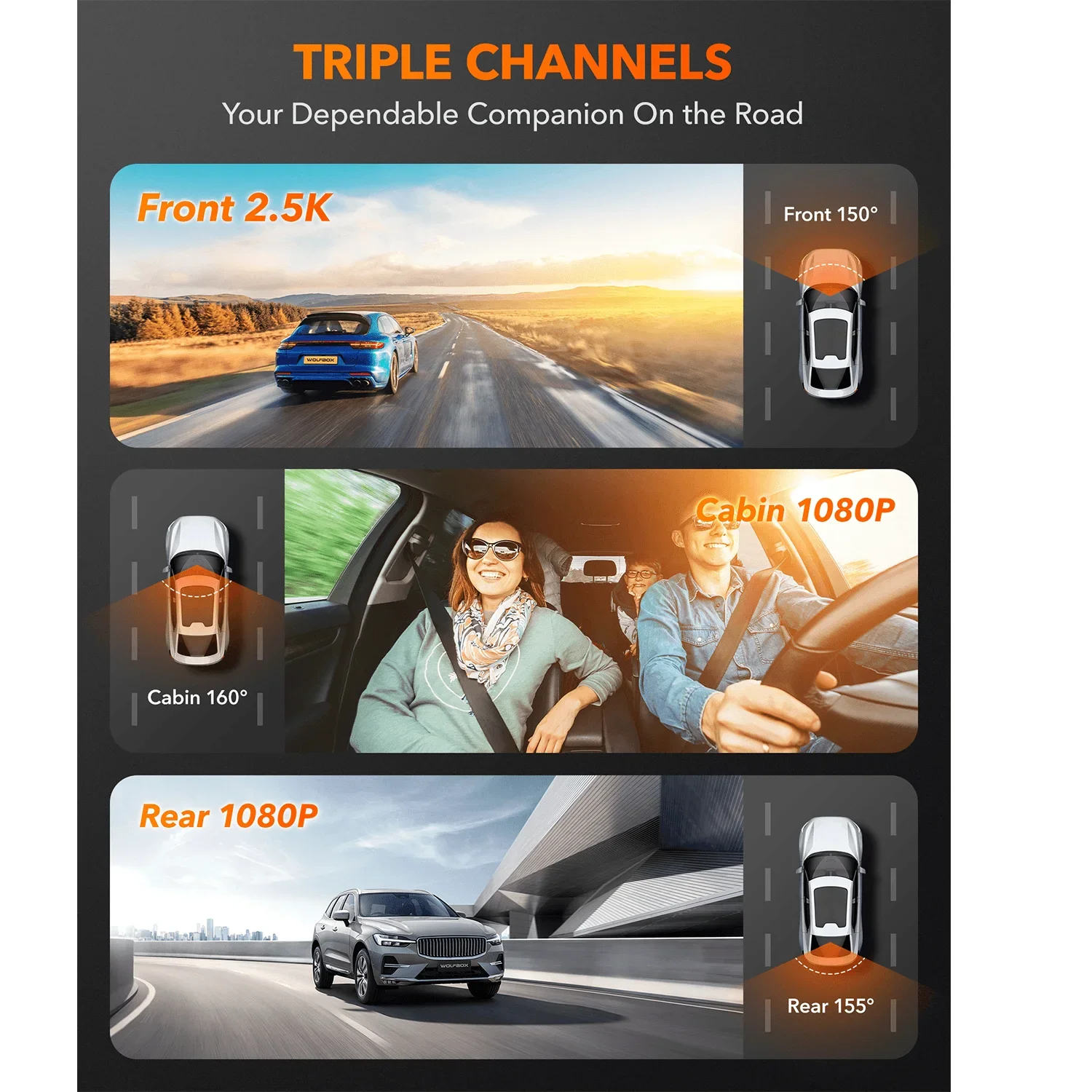 WOLFBOX I07 ダッシュカム 3チャンネル ドライブ - Dash Cam Front And Rear 4K のレビューと価格