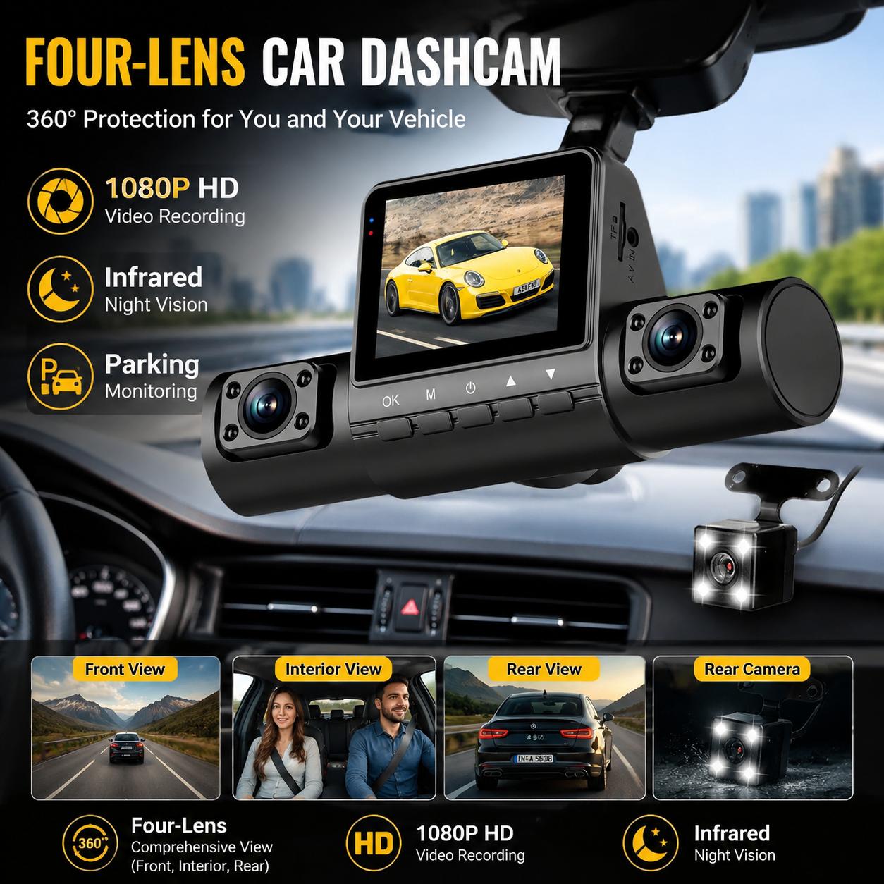4レンズダッシュカム 1080PフルHD 360度ビュー 車 - Dash Cam 360 Degree Panoramic のレビューと価格
