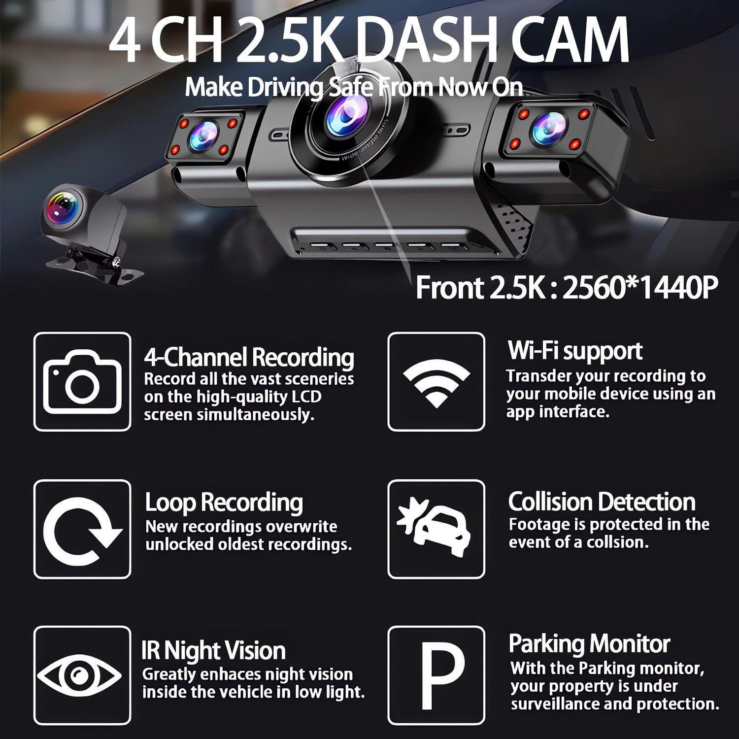 2.5K 4レンズ360度車載カメラ WIFIアプリ対応 車 - Dash Cam 360 Degree Panoramic のレビューと価格