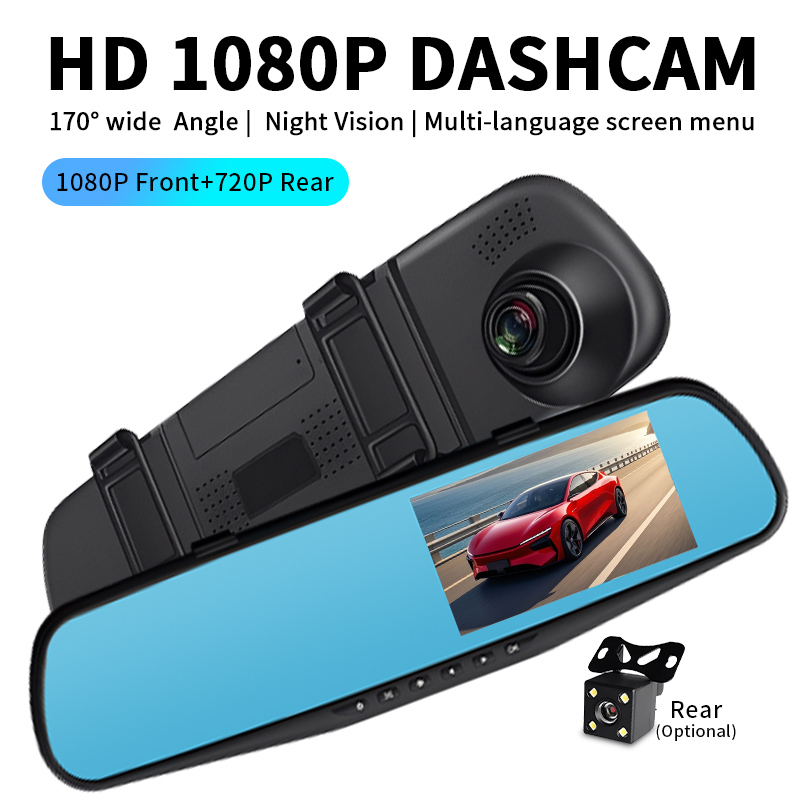 車載用ドライブレコーダー。4.5インチのミラー型ディスプレイ - Dash Cam 3 Channel 1080P のレビューと価格