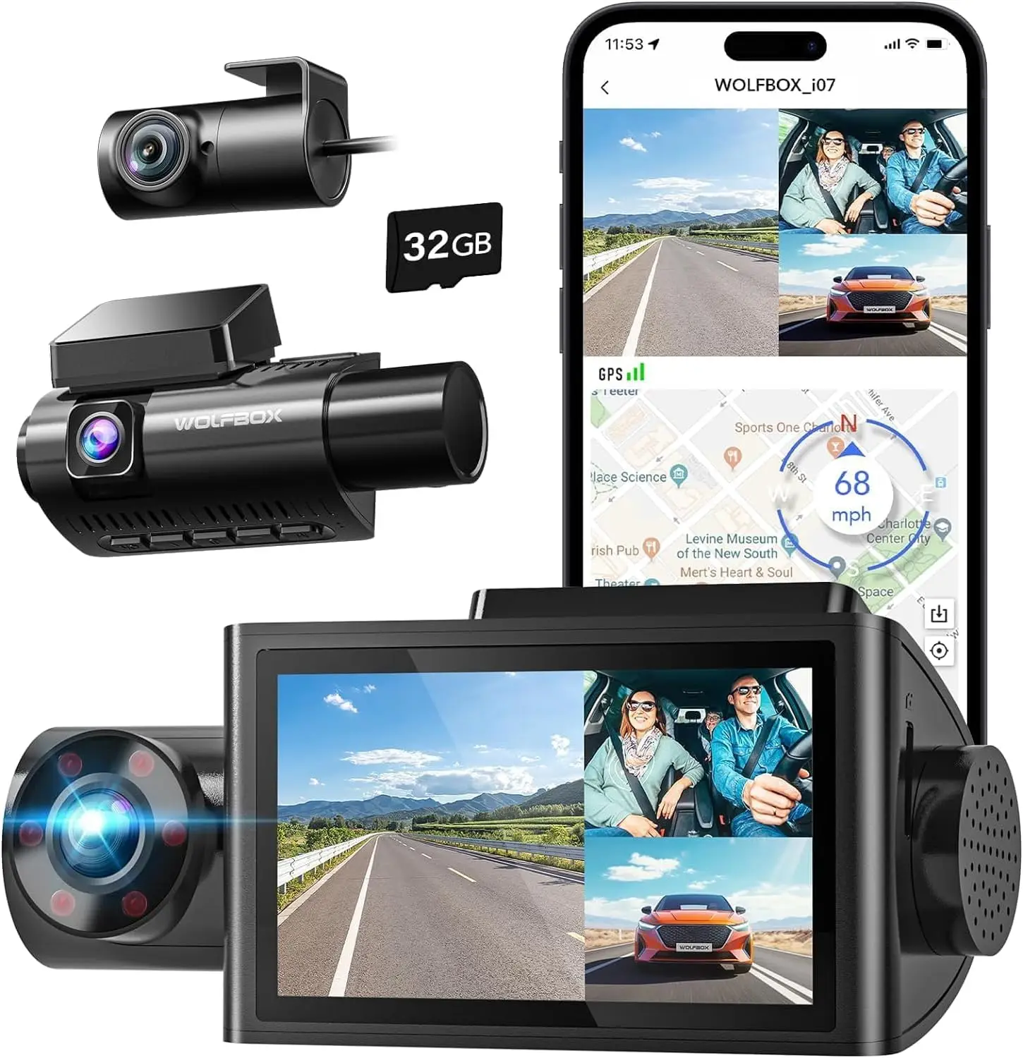 Wolfbox I07 4Kフロント＆インサイドカメラ 3チ - Dash Cam 3 Channel 1080P のレビューと価格