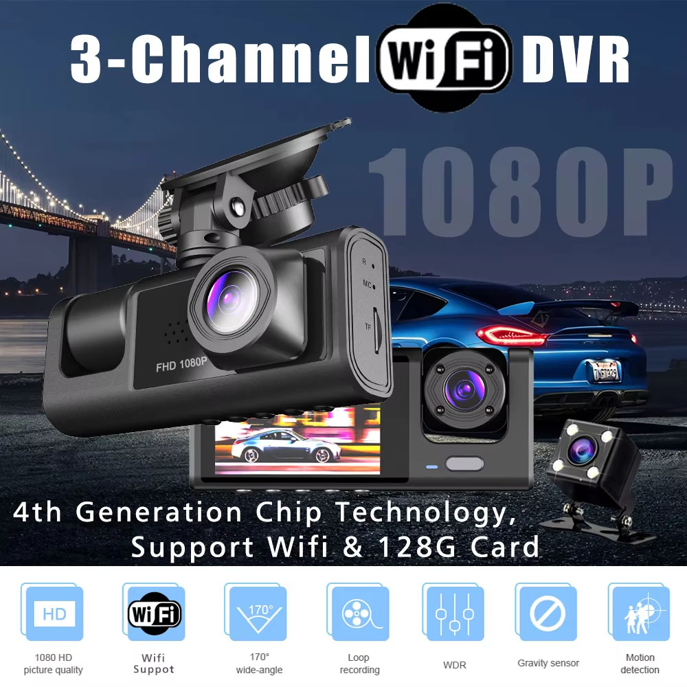 WiFi 3 チャンネルカー DVR 3 ウェイダッシュカム - Dash Cam 3 Channel 1080P のレビューと価格