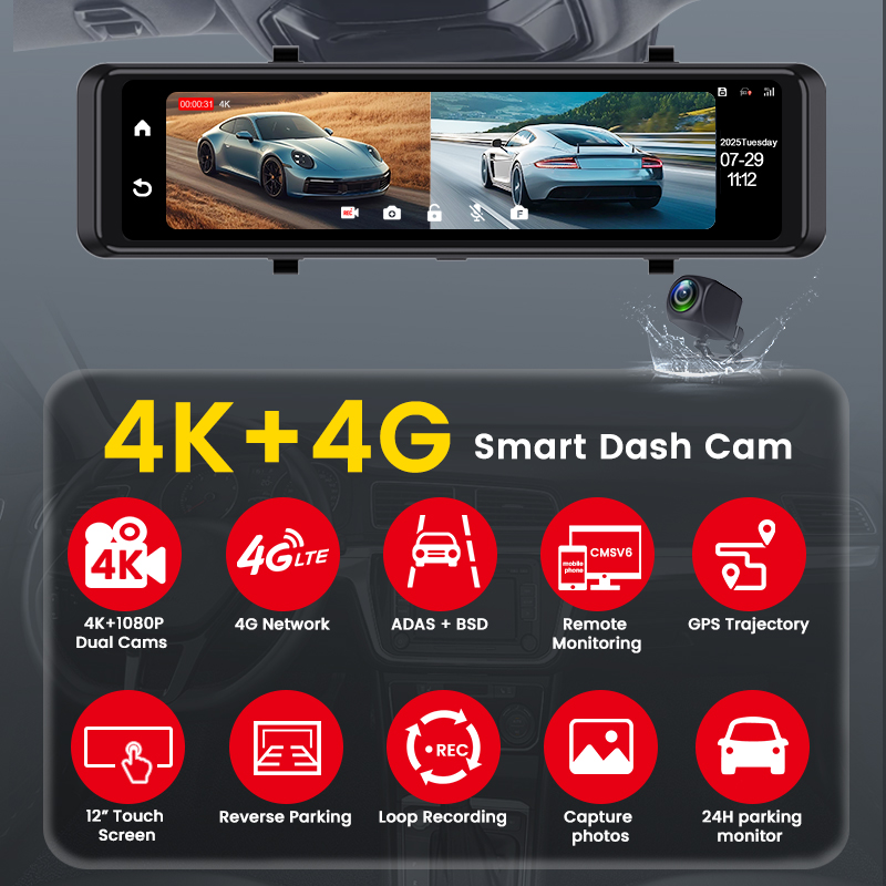 4K対応ドライブレコーダー、4G LTE車載カメラ、11.2 - Dash Cam Mirror Backup Camera のレビューと価格